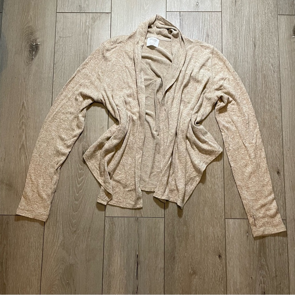 DANSKIN NOW Girls L (10/12) Beige‎ Open Front Waterfall Cozy Cardigan Sweater